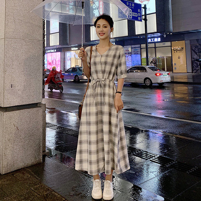 Trendy V Neck Dress For Women Summer Short Sleeves High Waist Long Skirt Elegant Plaid Printing A-line Skirt White M