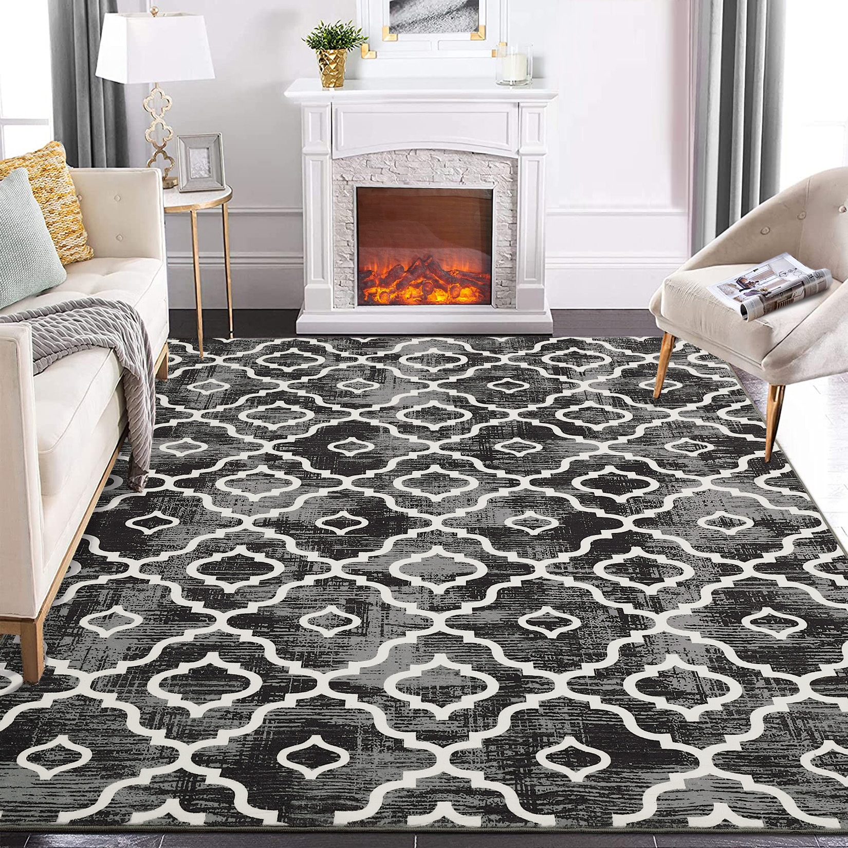US GARVEE Washable Rug 8x10 Large Living Room Rug Boho Rug Modern Geometric Area Rugs for Bedroom Distressed Office Floor Carpet Low Pile Trellis Rug Dining Room Area Rugs Farmhouse Rug Grey