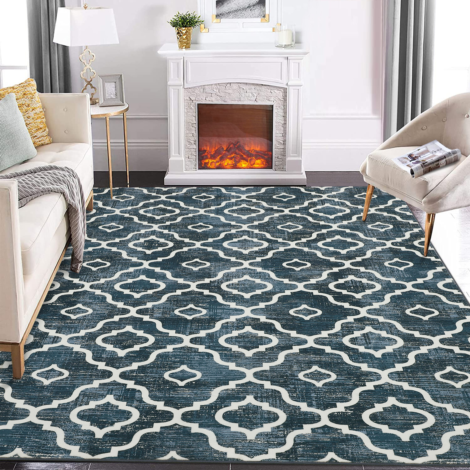US GARVEE Washable Rug 8x10 Large Living Room Rug Boho Rug Modern Geometric Area Rugs for Bedroom Distressed Office Floor Carpet Low Pile Non Slip Dining Room Area Rugs Farmhouse Rug Blue Trellis Rug