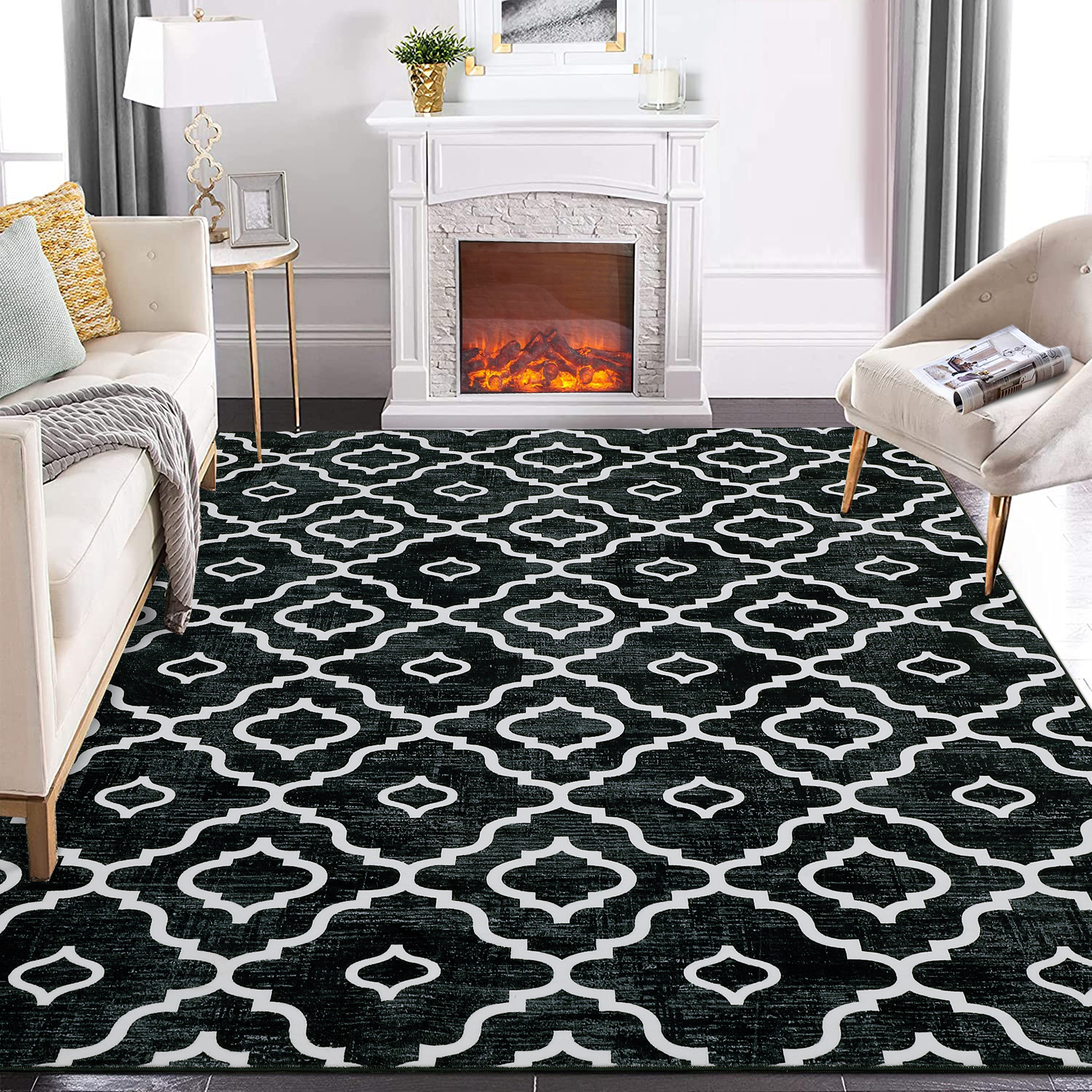 US GARVEE Washable Rug 8x10 Large Living Room Rug Boho Rug Modern Geometric Area Rugs for Bedroom Distressed Office Floor Carpet Low Pile Non Slip Dining Room Area Rugs Farmhouse Rug Black Trellis Rug