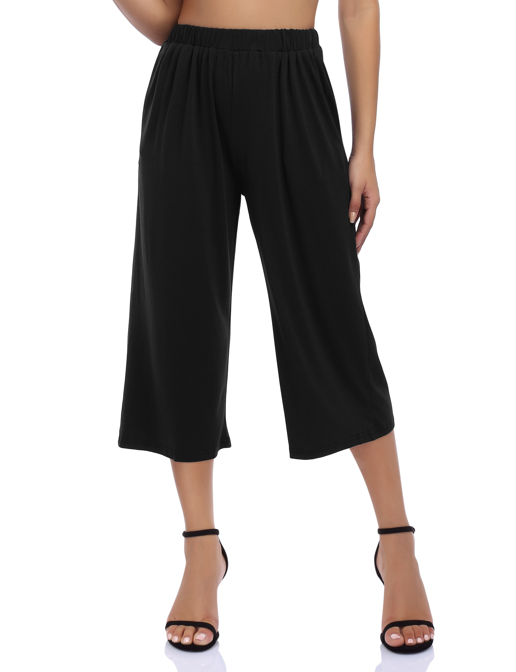US GLORYSUNSHINE Women Wide Leg Pants Elastic Waist Solid Pocket Casual Knitted