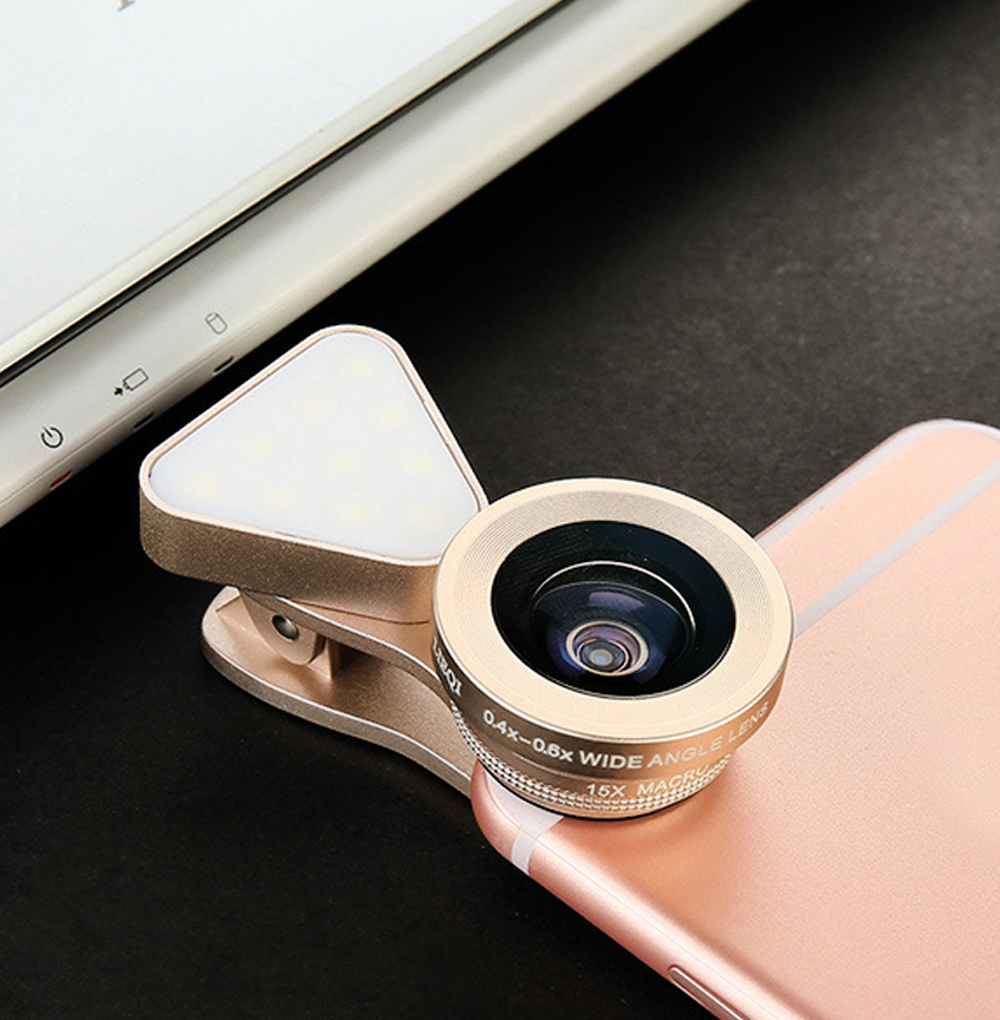 3 in 1 LED Selfie Flash Light Beauty Phone Lens Fill Light 0.4-0.6X Wide Angle 10X Macro Lens Gold