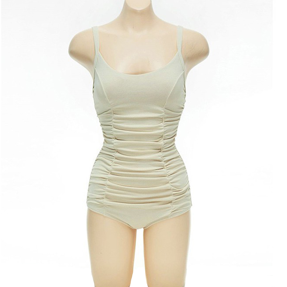 Women Swimsuit Nylon Pleated Multi-layer Backless One-piece Swimsuit Beige_m