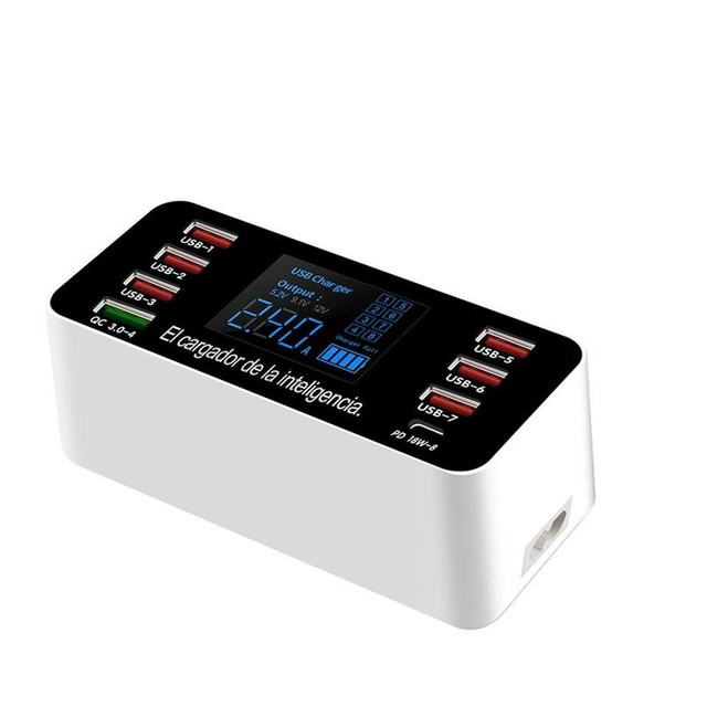 8-USB Ports Smart Socket Phone Charger QC3.0 60W Multi-Port HUB USB Adapter Quick Charge Station LED Display UK Plug