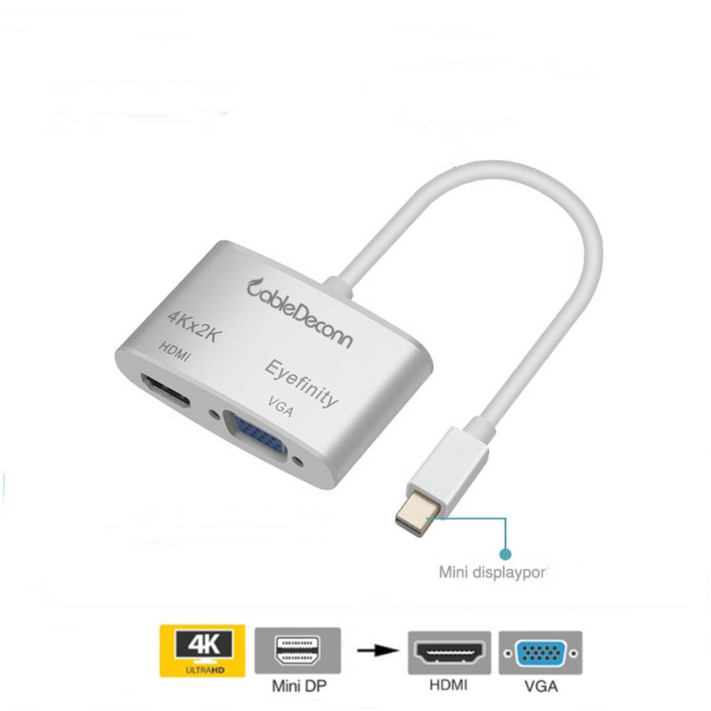 cabledeconn Mini DisplayPort to HDMI 4k VGA Adapter 2 in 1 Cable for Mac MacBook Pro Air Surface Pro Silver