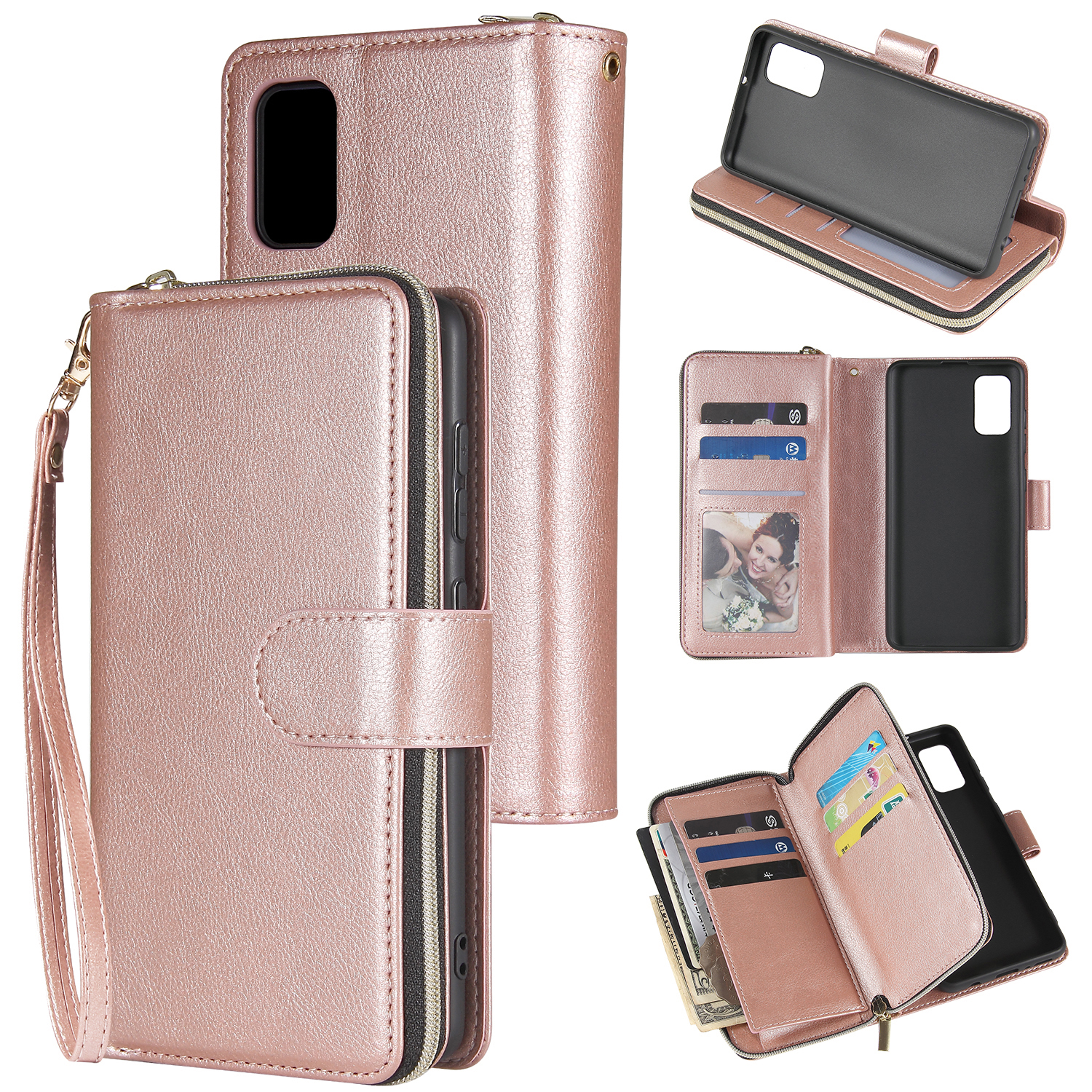 For Samsung A01/A21/A31/A41/A51 Pu Leather Mobile Phone Cover Zipper Card Bag + Wrist Strap Rose gold