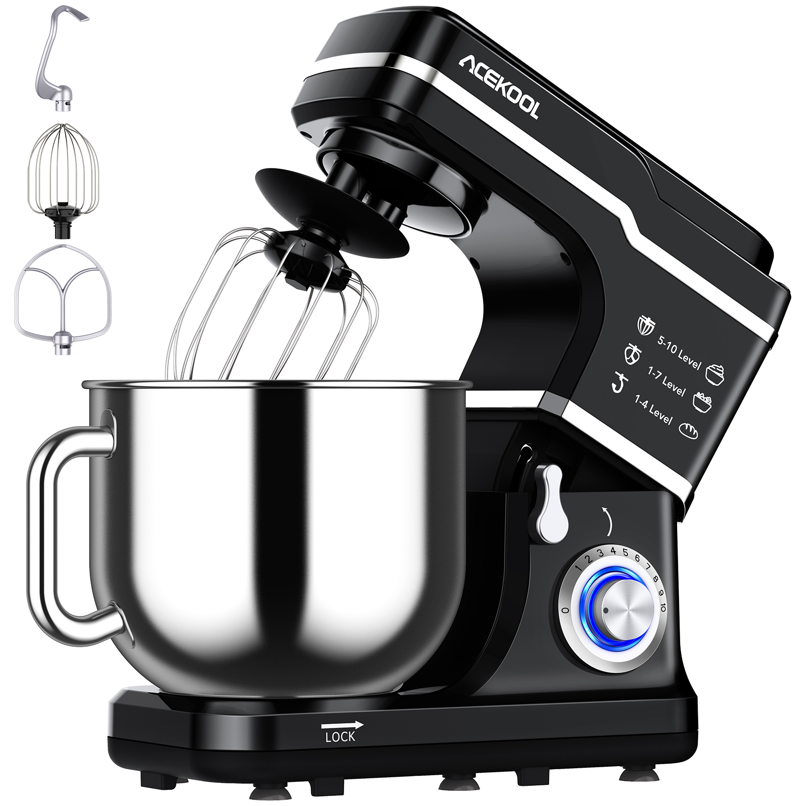 US ACEKOOL Mixer MC1 660W 7.5 Quart 10 Speeds Tilt-Head Stand Mixer Silver US Plug