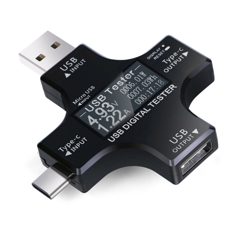 Digital Voltmete Type-C/USB Tester Measuring Voltage Current Smart Amperemeter Ammeter Detector Overcurrent Protection Safety Charger Indicator black