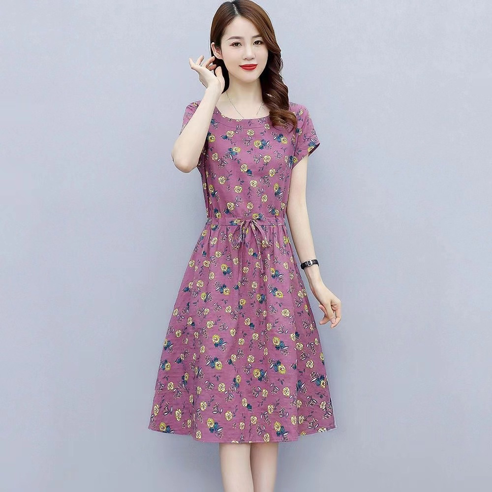 Summer Women Short Sleeves Dress Fashion Floral Printing Round Neck A-line Skirt Casual Pullover Mid-length Dress Pink XL