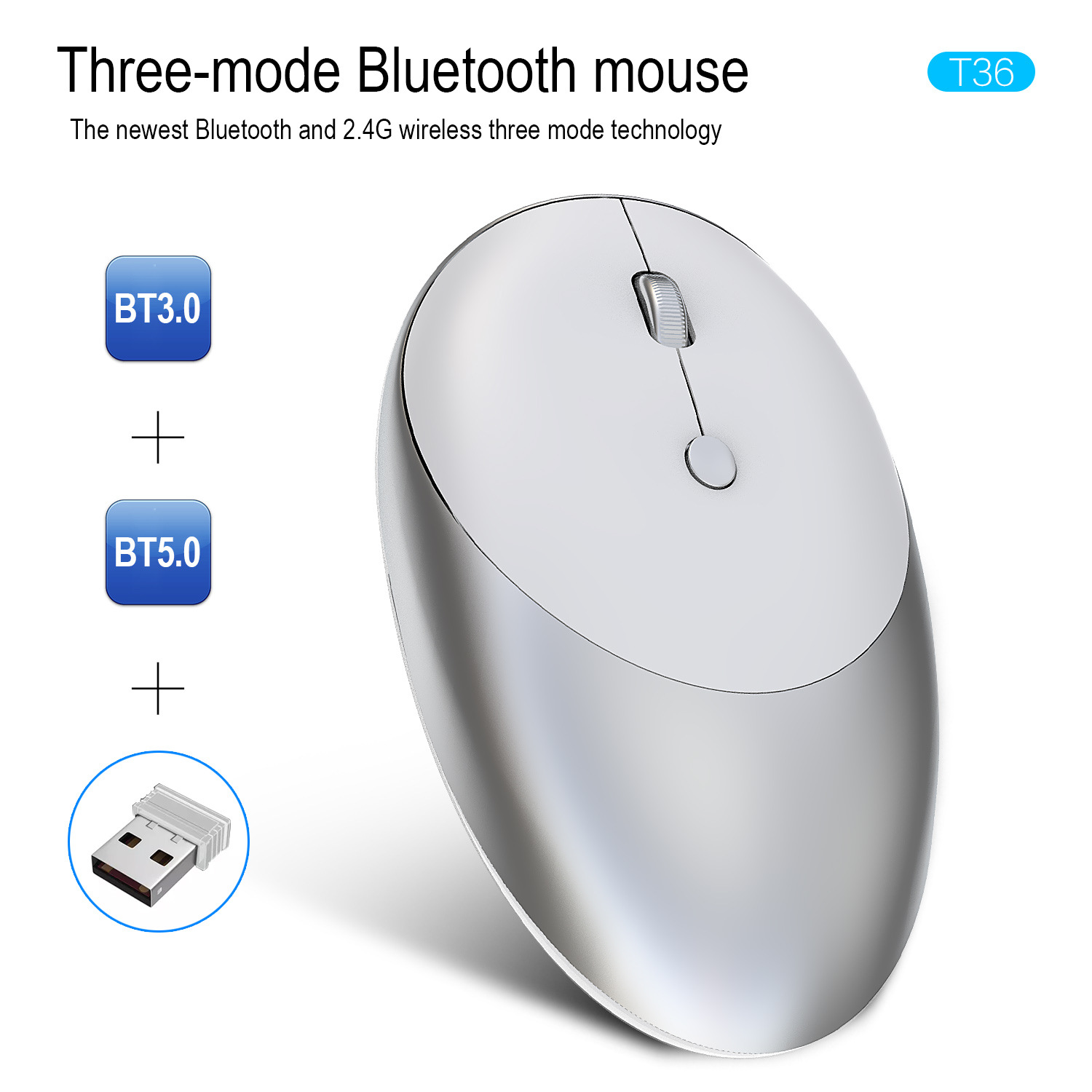 Wireless Bluetooth Mouse 3 Modes Bluetooth 5.0/3.0/2.4G Wireless Rechargeable Mouse Silver