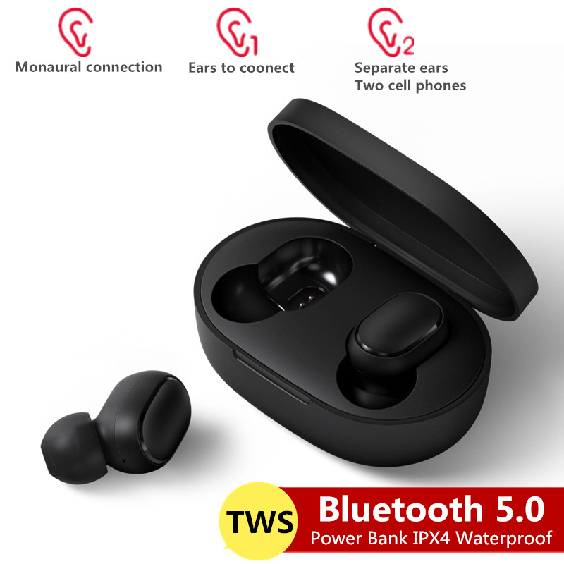 Bluetooth Headsets for Redmi Airdots Wireless Earbuds 5.0 TWS Earphones Noise Cancelling Mic for Xiaomi iPhone Huawei Samsung black