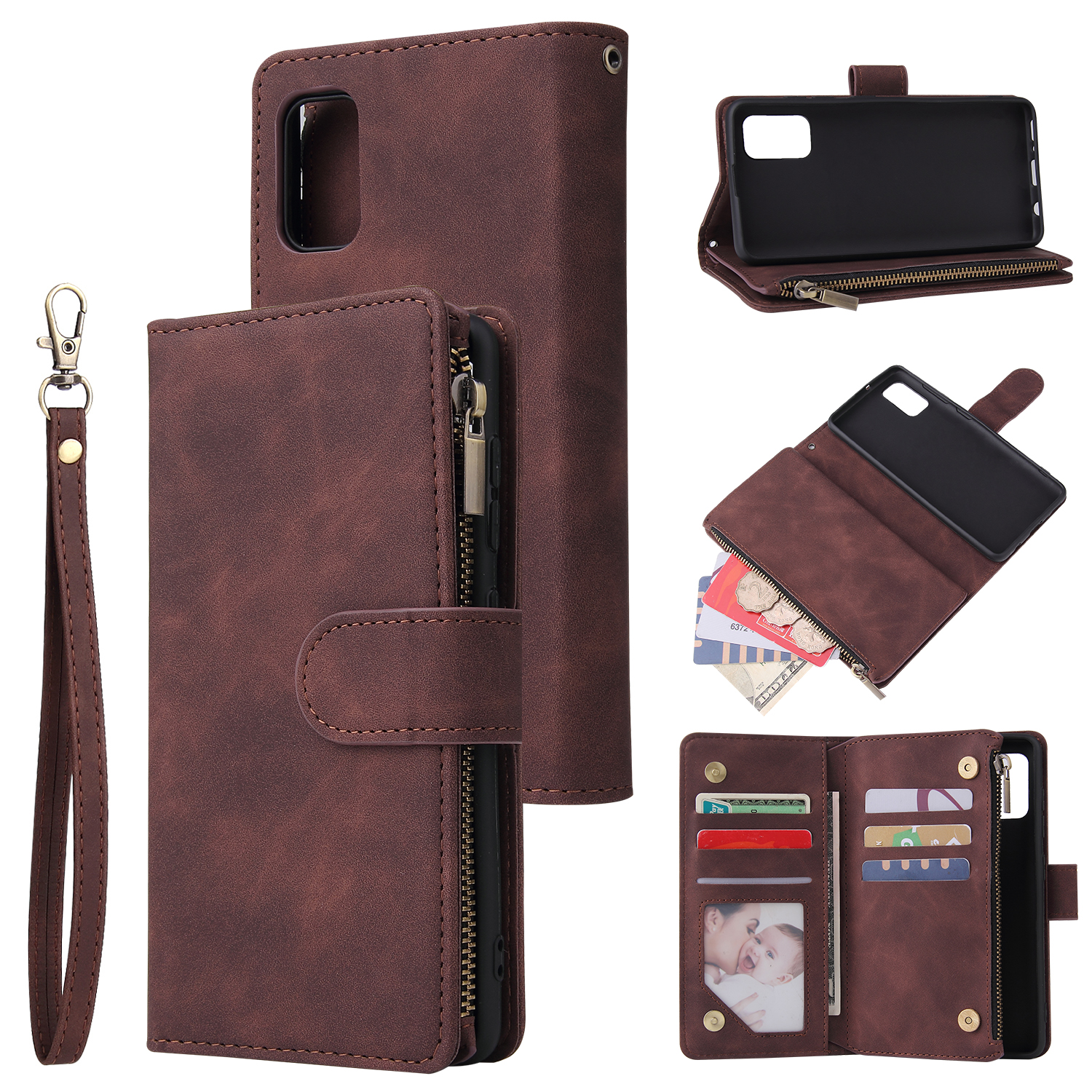 For Samsung A41 Mobile Phone Case Wallet Design Zipper Closure Overall Protection Cellphone Cover 3 brown
