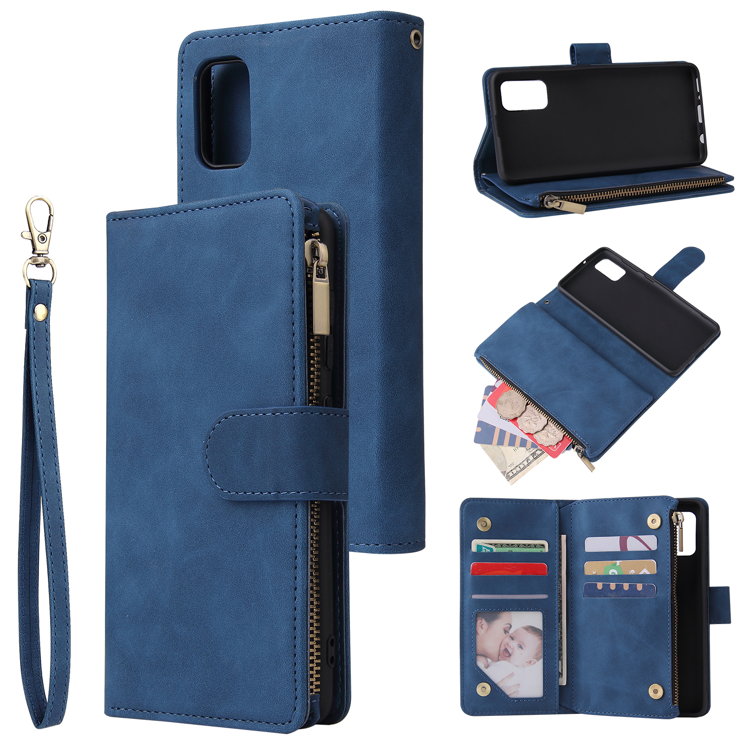 For Samsung A41 Mobile Phone Case Wallet Design Zipper Closure Overall Protection Cellphone Cover  2 blue