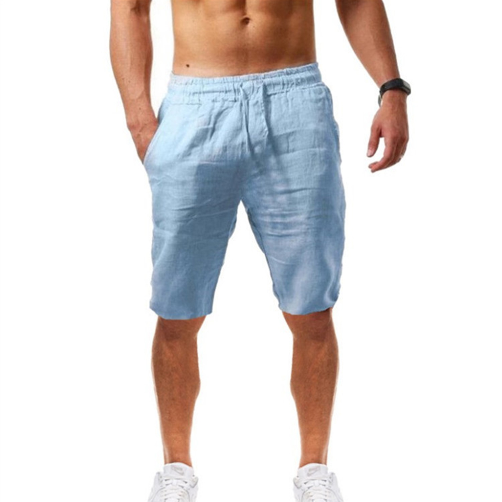Men Summer Linen Cotton Sports Shorts Breathable Casual Loose Solid Color Straight Pants light blue 4XL