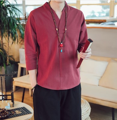 Men V-neck Cotton Linen T-shirt Summer Chinese Style Slim Fit Large Size Tops Simple Solid Color Casual Shirt wine red 3XL