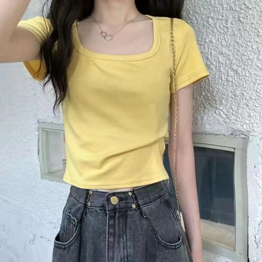 Women Short Sleeves T-shirt Fashion Square Collar High Waist Crop Top Elegant Slim Fit Simple Solid Color Blouse yellow M