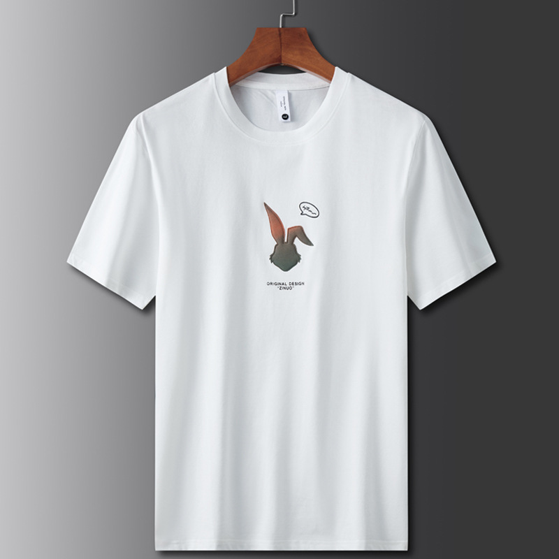 Men Round Neck Short Sleeves Tops Summer Fashion Cartoon Rabbit Printing T-shirt Casual Large Size Shirt White XL