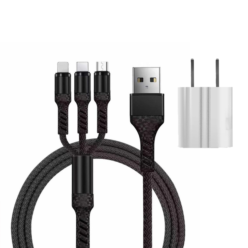 SIMU 3-in-1 Weave 1.2M Mobile Phone Peripheral Safe Charging Data Cable Set black