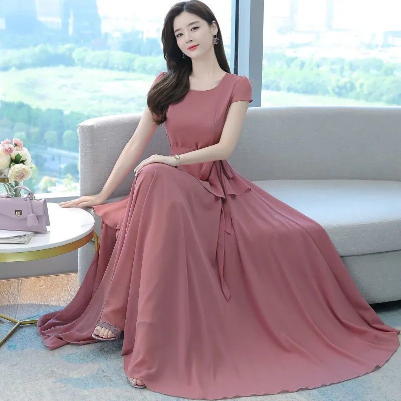 Women Short Sleeves Dress Summer Ice Silk Round Neck Pullover A-line Skirt Casual Simple Solid Color Midi Skirt Pink M
