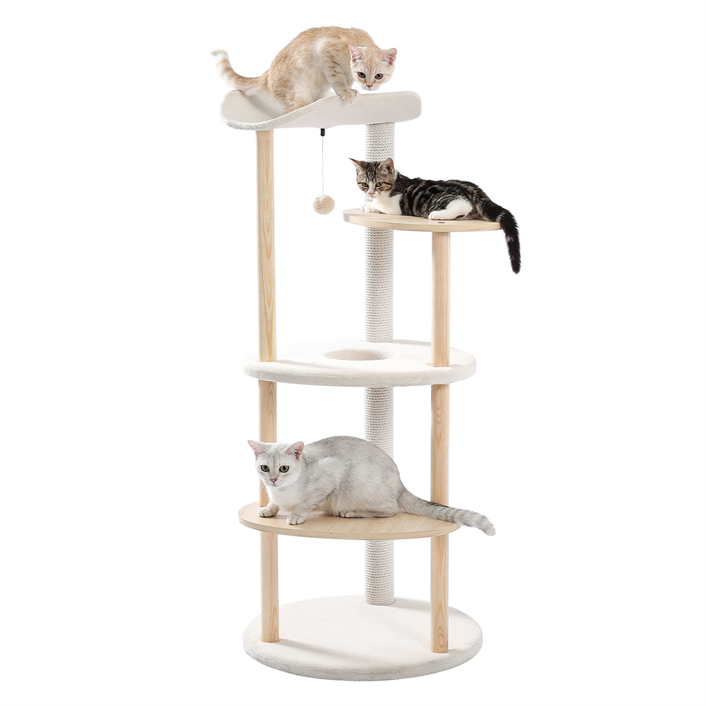 [US Direct] Multi-layer Cat Tree Modern Cat Tower With Top Lying Nest Cat Scratching Post Jumping Platform Plush Hanging Ball beige