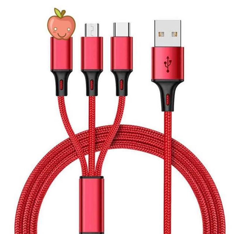 3-in-1 Data Cable Copper Core Nylon Braided Anti-stretch Multi-port 2a Fast Charge Mobile Phone Charging Cable red