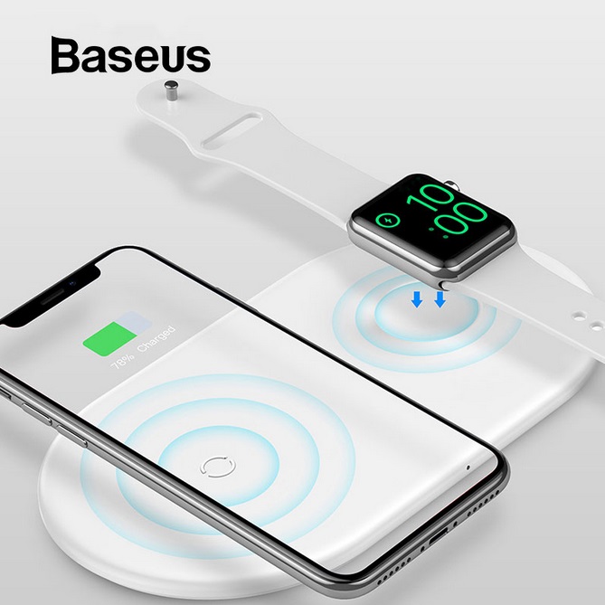 Baseus 2 in 1 Wireless Charger Pad for Apple Watch 4/3/2/1 Fast Wireless Charging for iPhone 8 Xs Max Samsung S9 white