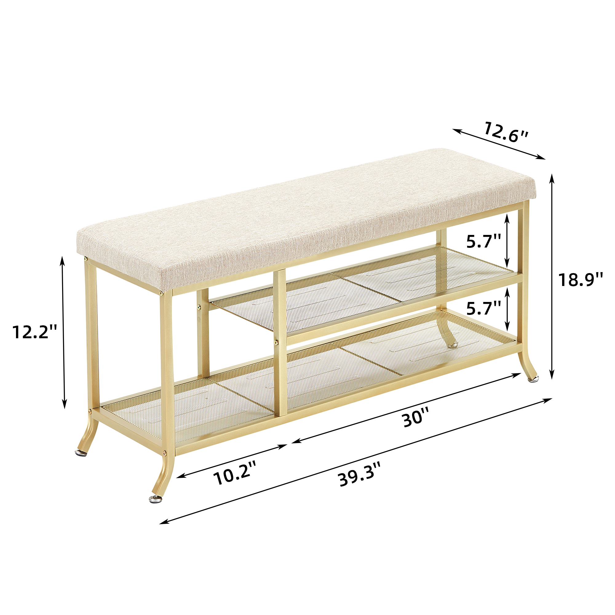 US GARVEE Shoe Rack Bench, 2 Tier Metal Storage Bench, Adjustable Shelf Entryway Bench, Metal Shoe Rack Organizer with Cushion, Shoe Storage Bench Living Room for Hallway, Golden