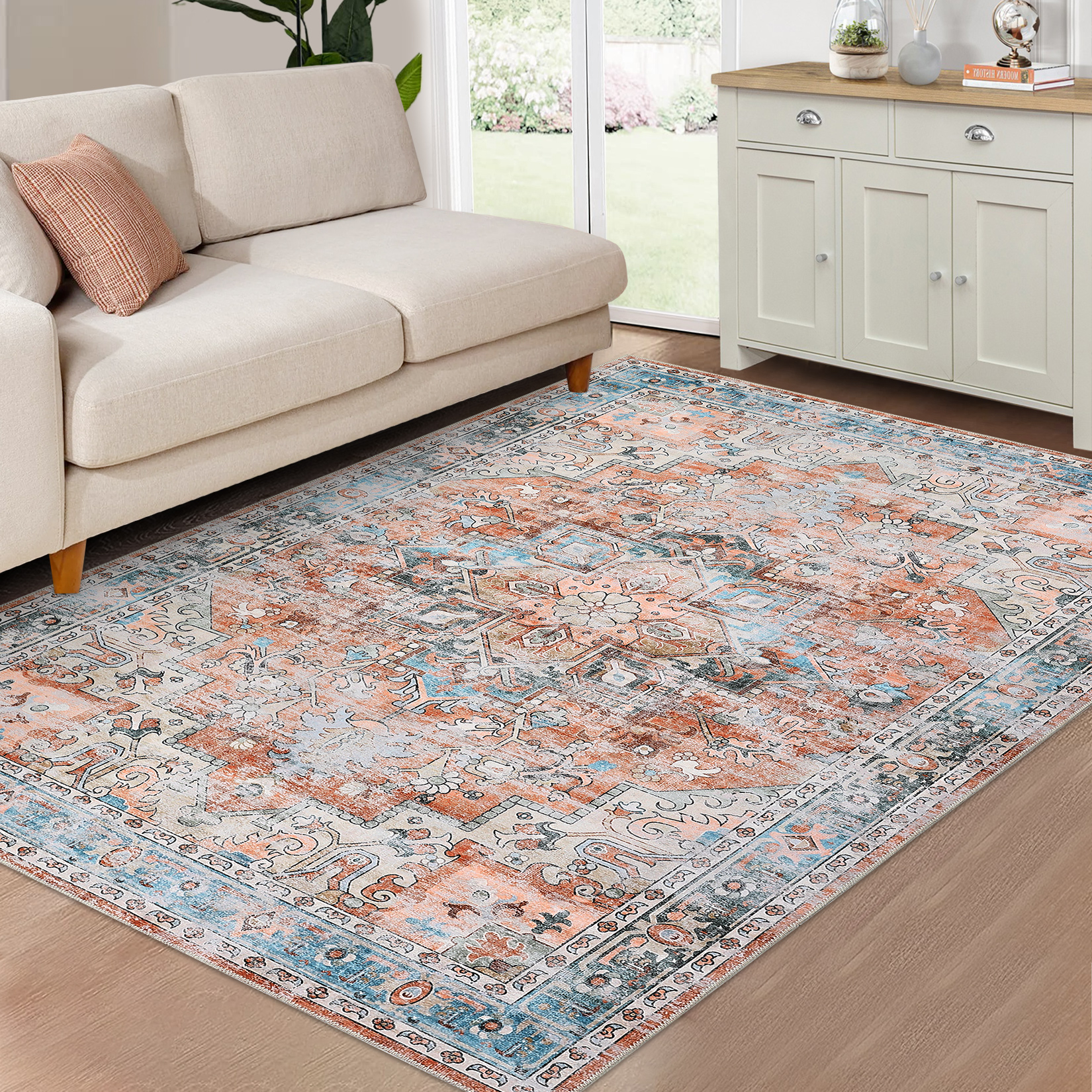 US GARVEE 8x10 Area Rug Vintage Distressed Machine Washable Area Rug for Living Room Bedroom Traditional Medallion Floral Non-Slip Stain Resistant Accent Rug Carpet for Home Decor, Terracotta