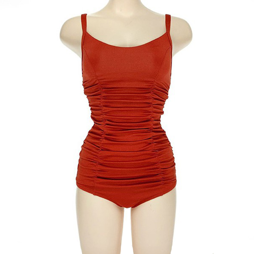 Women Swimsuit Nylon Pleated Multi-layer Backless One-piece Swimsuit red_m