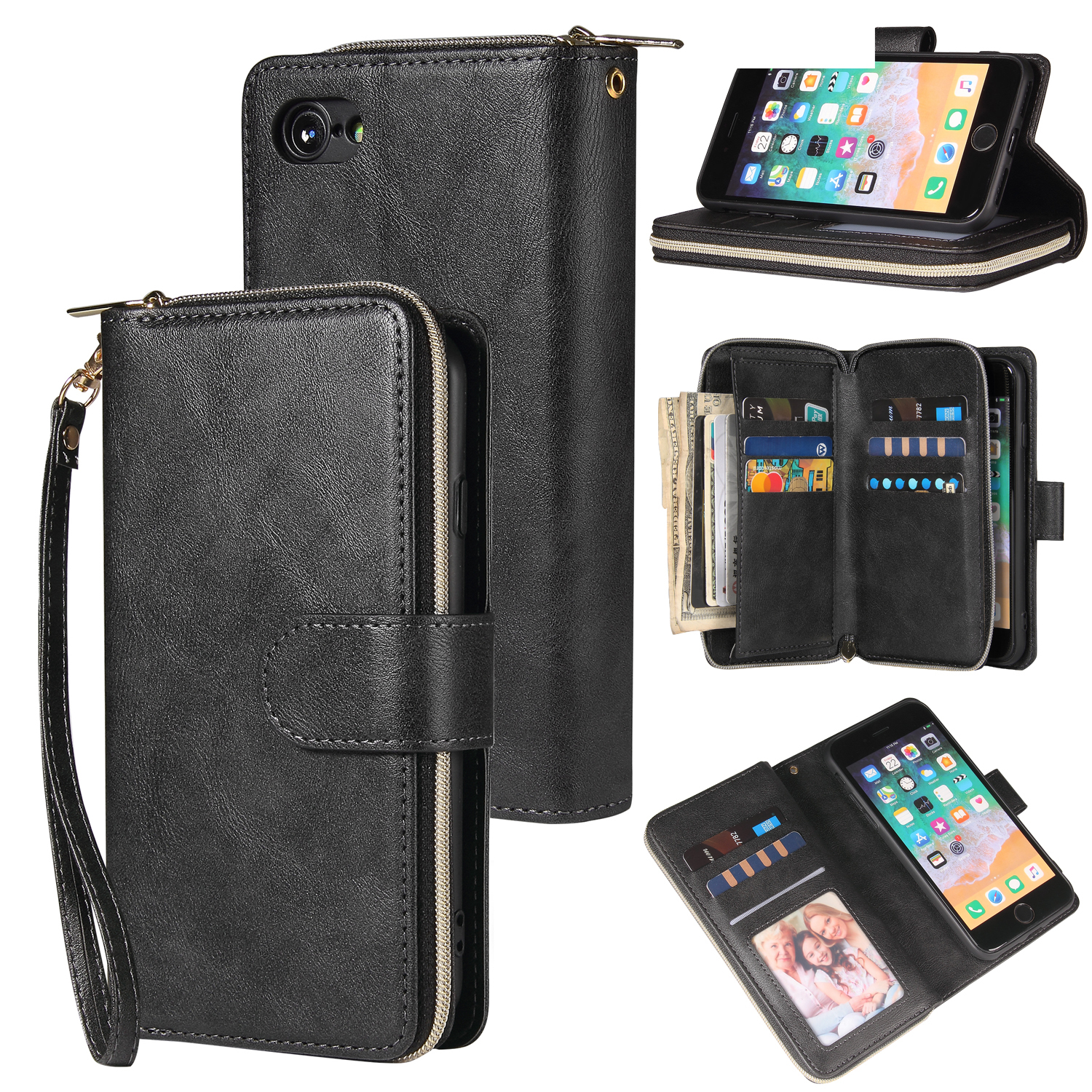 For Iphone 6/6s/6 Plus/6s Plus/7 Plus/8 Plus Pu Leather Mobile Phone Cover Zipper Card Bag + Wrist Strap black