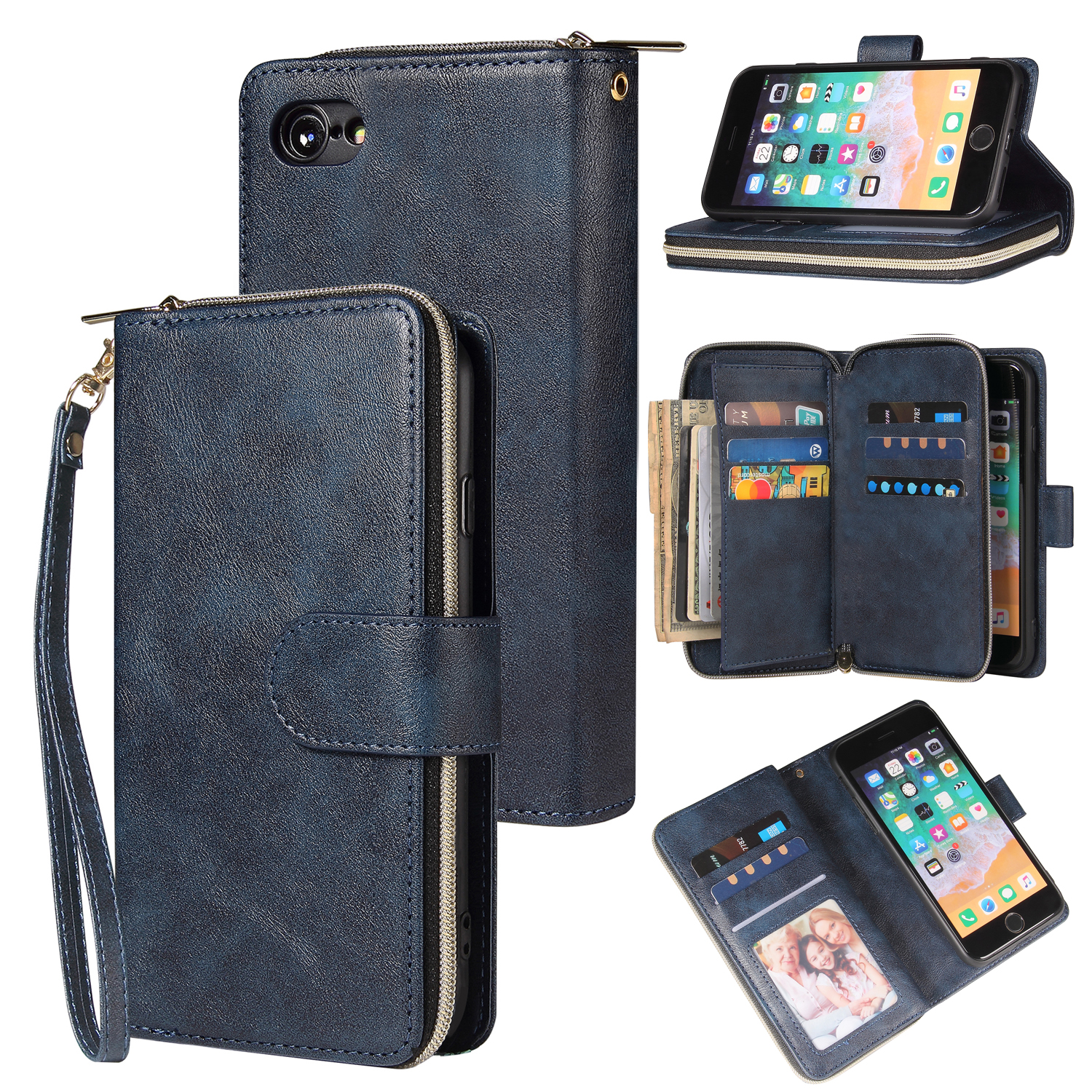 For Iphone 6/6s/6 Plus/6s Plus/7 Plus/8 Plus Pu Leather Mobile Phone Cover Zipper Card Bag + Wrist Strap blue