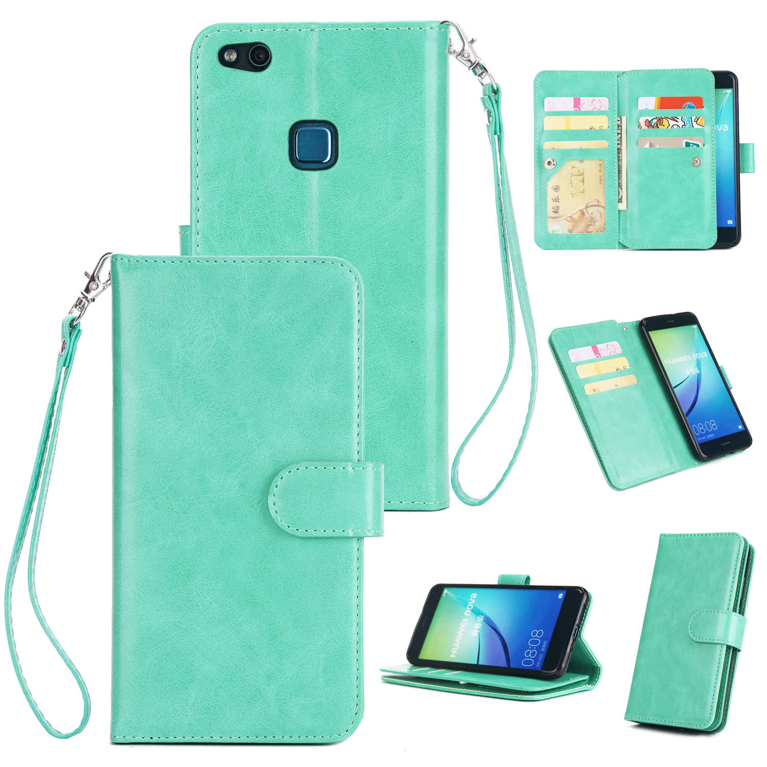 Wholesale For Huawei P10 Lite Leather Protective Phone Case With 9 Card Position Buckle Bracket Lanyard Mint Color From China