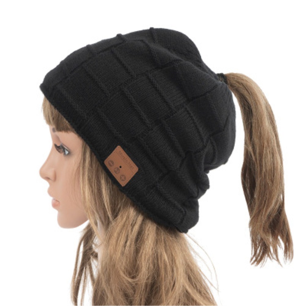 V5.0 Beanie Knitted Plus Velvet Pony Tail Wireless Headset Call Music Cap Open hole pony tail black