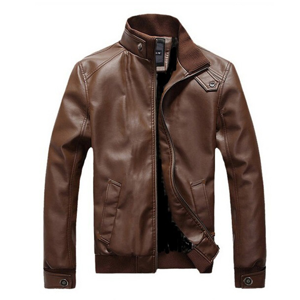 Men Motorcycle Faux Leather Coat Stand Collar Ribbed Hem Slim PU Jacket Overcoat brown_L