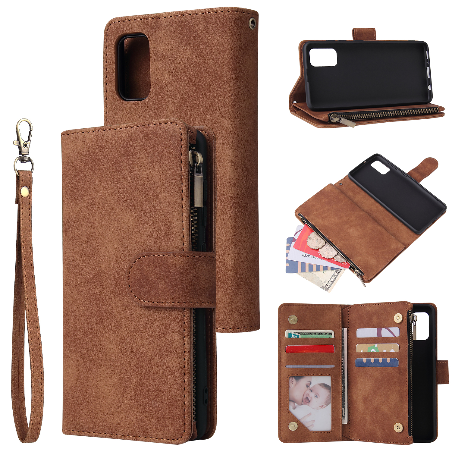 For Samsung A41 Mobile Phone Case Wallet Design Zipper Closure Overall Protection Cellphone Cover  4 brown