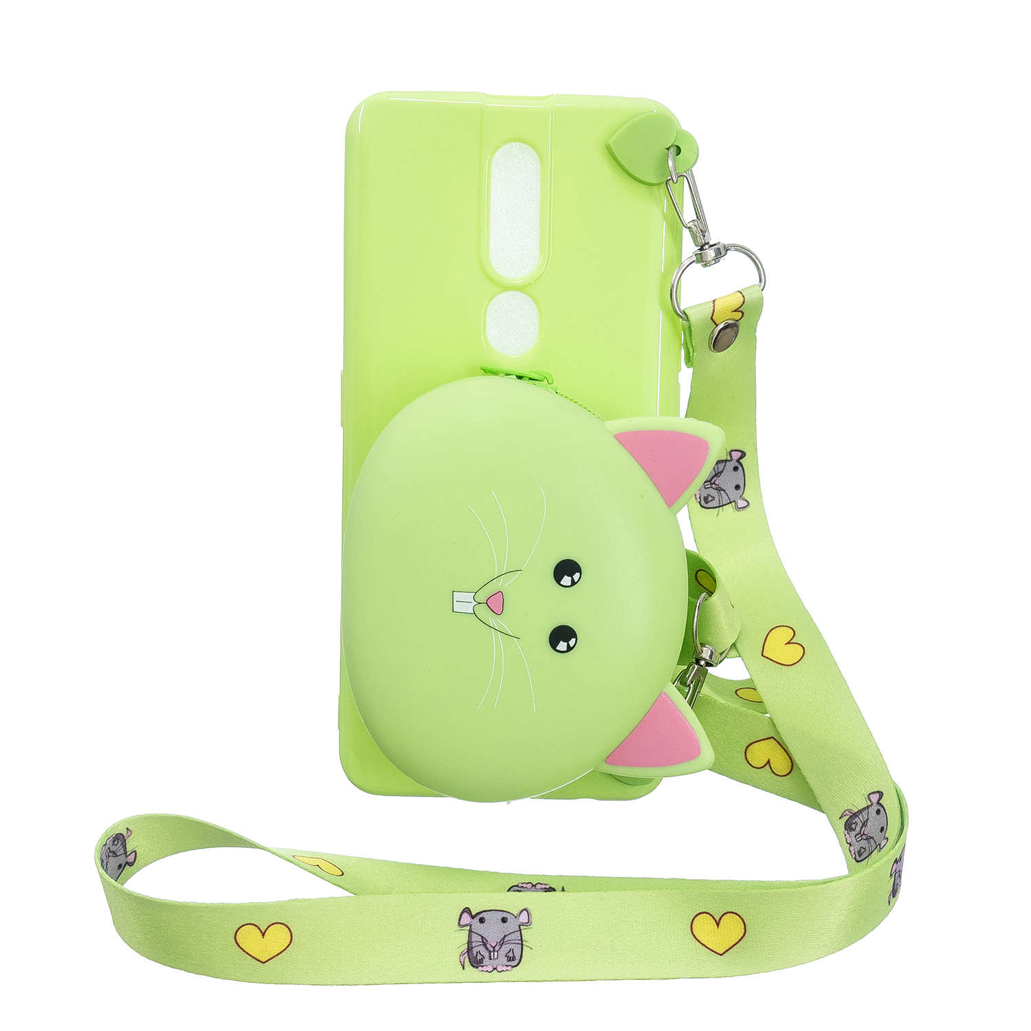 For OPPO F11/F11 Pro Cellphone Case Mobile Phone TPU Shell Shockproof Cover with Cartoon Cat Pig Panda Coin Purse Lovely Shoulder Starp Green