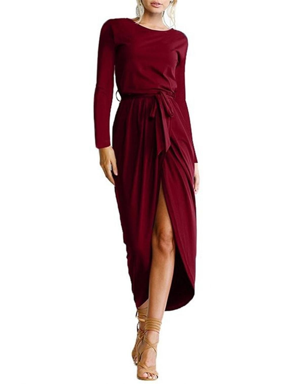 Women Fashionable Slim Design Sexy Dress Round Collar Long Sleeve Split Irregularity Dress with Belt