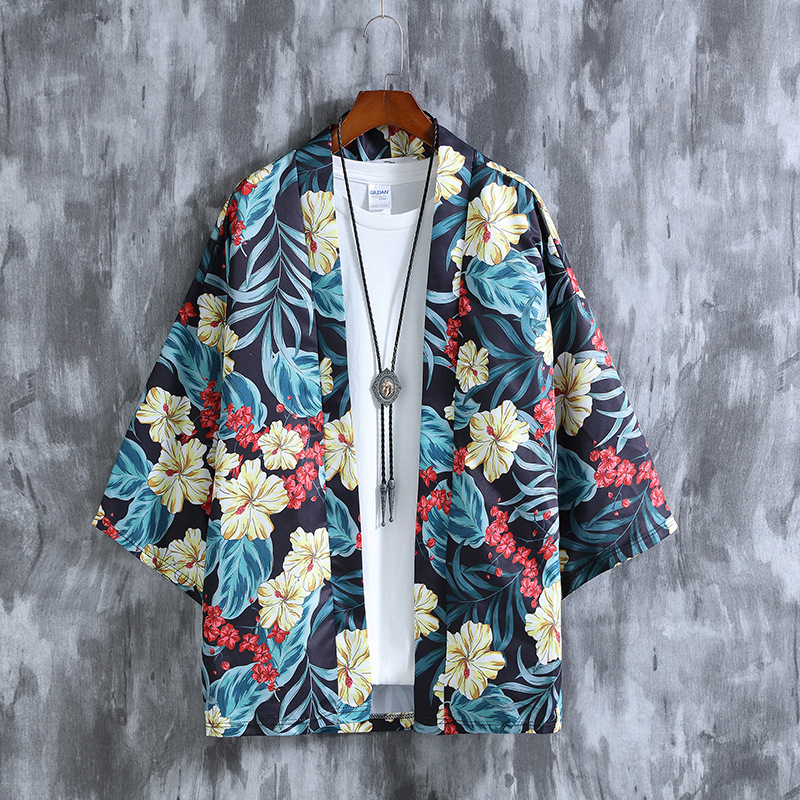 Men Chinese Style Robe Summer Three-quarter Sleeves Beach Shirt Sun Protection Chiffon Cardigan Jacket 8917 S