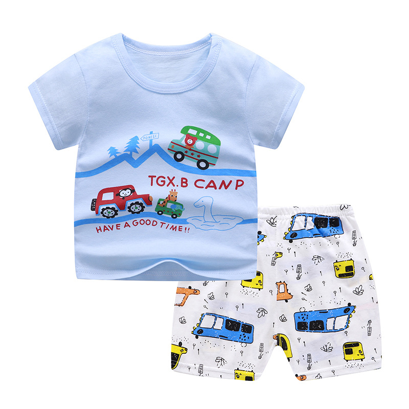 2pcs Kids Summer Suit Cute Cartoon Printing Short Sleeves T-shirt Shorts Breathable Set For Boys Girls blue car 5-6Y 110cm