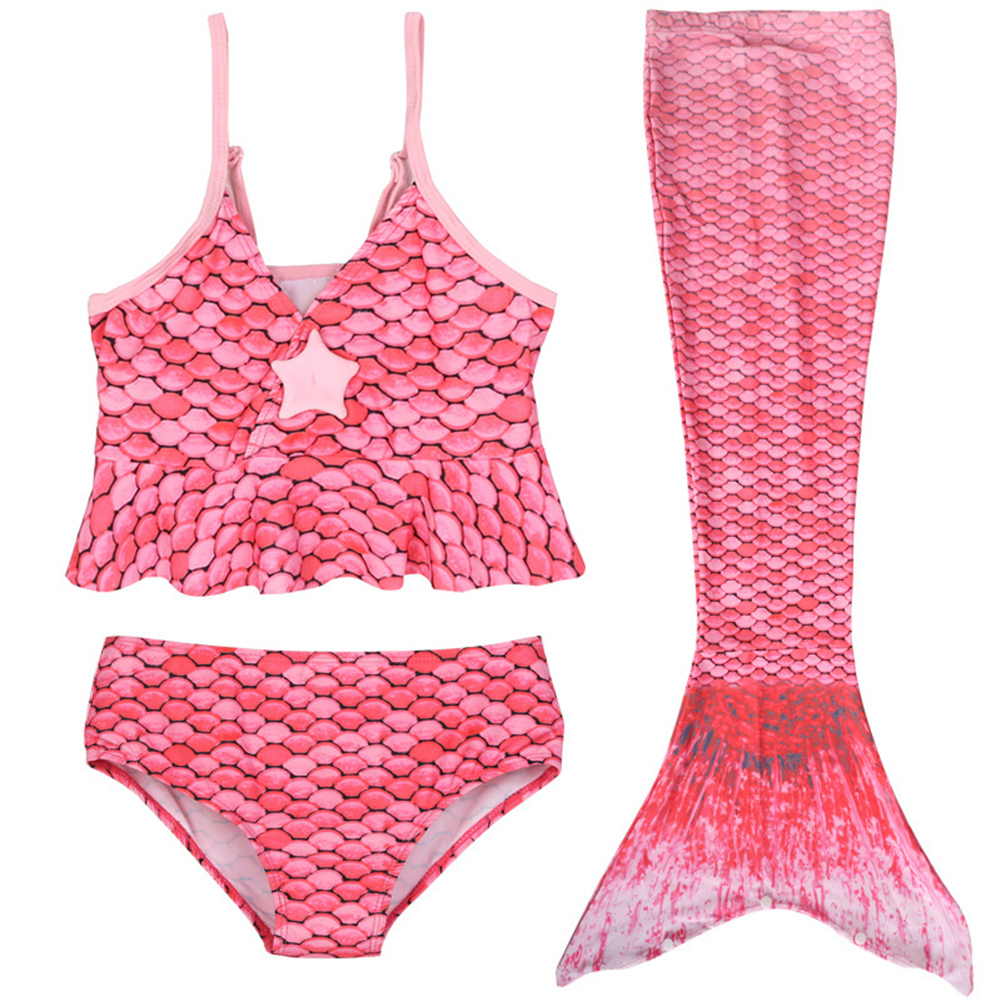 3pcs Girls Mermaid Swimsuit Set Sleeveless Tube Tops Briefs Mermaid Tail Three-piece Suit For 4-11 Years Old Kids red  6-7Y 8