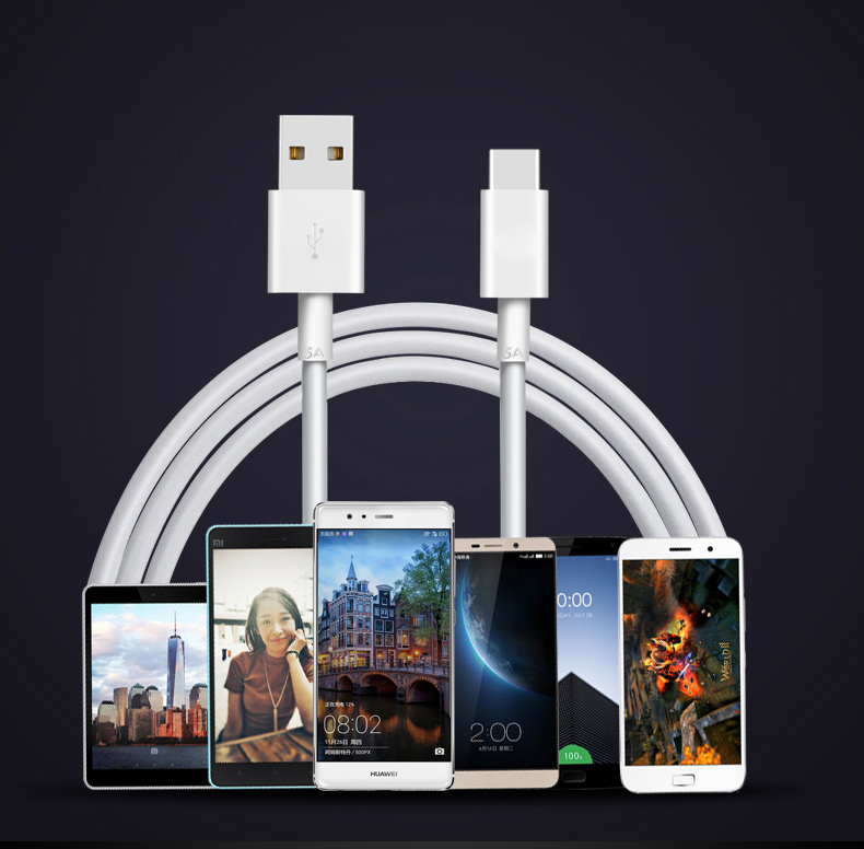 USB Cable Fast Charging Phone 5A Type-C High Speed Data Cables for Samsung Huawei white