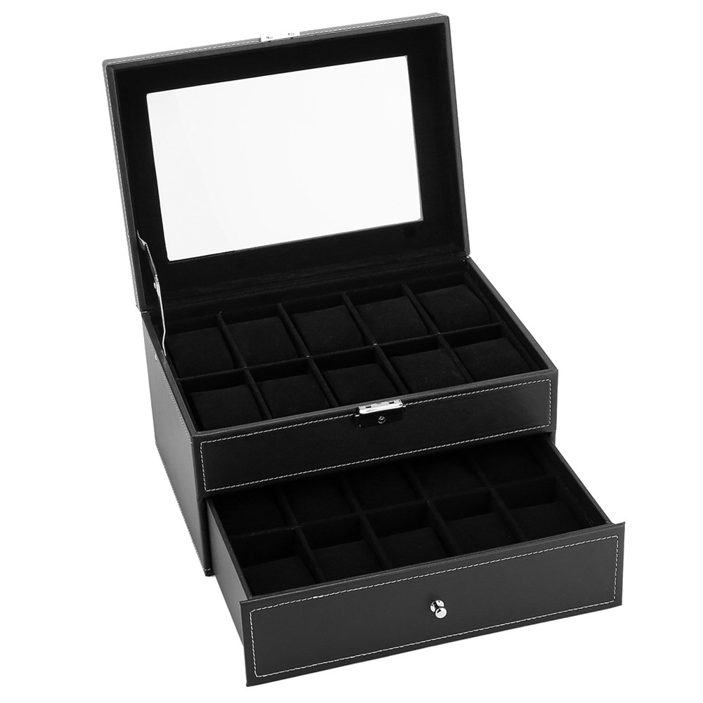 US Dy0110 Double Layer 20 Slots Watch  Box Storage Case With Glass Window black