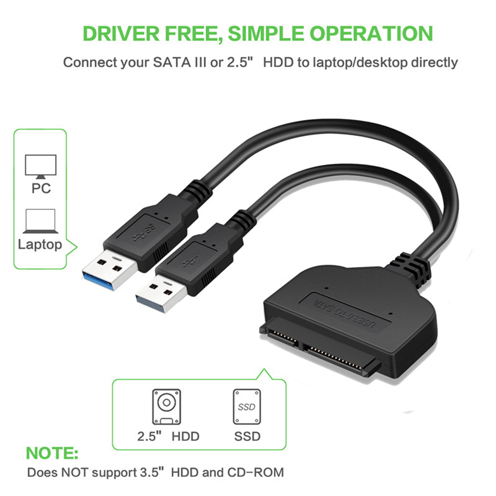 USB 3.0 To SATA 7+15 Pin Adapter Cable for 2.5 Inch HDD SSD 20/25CM black