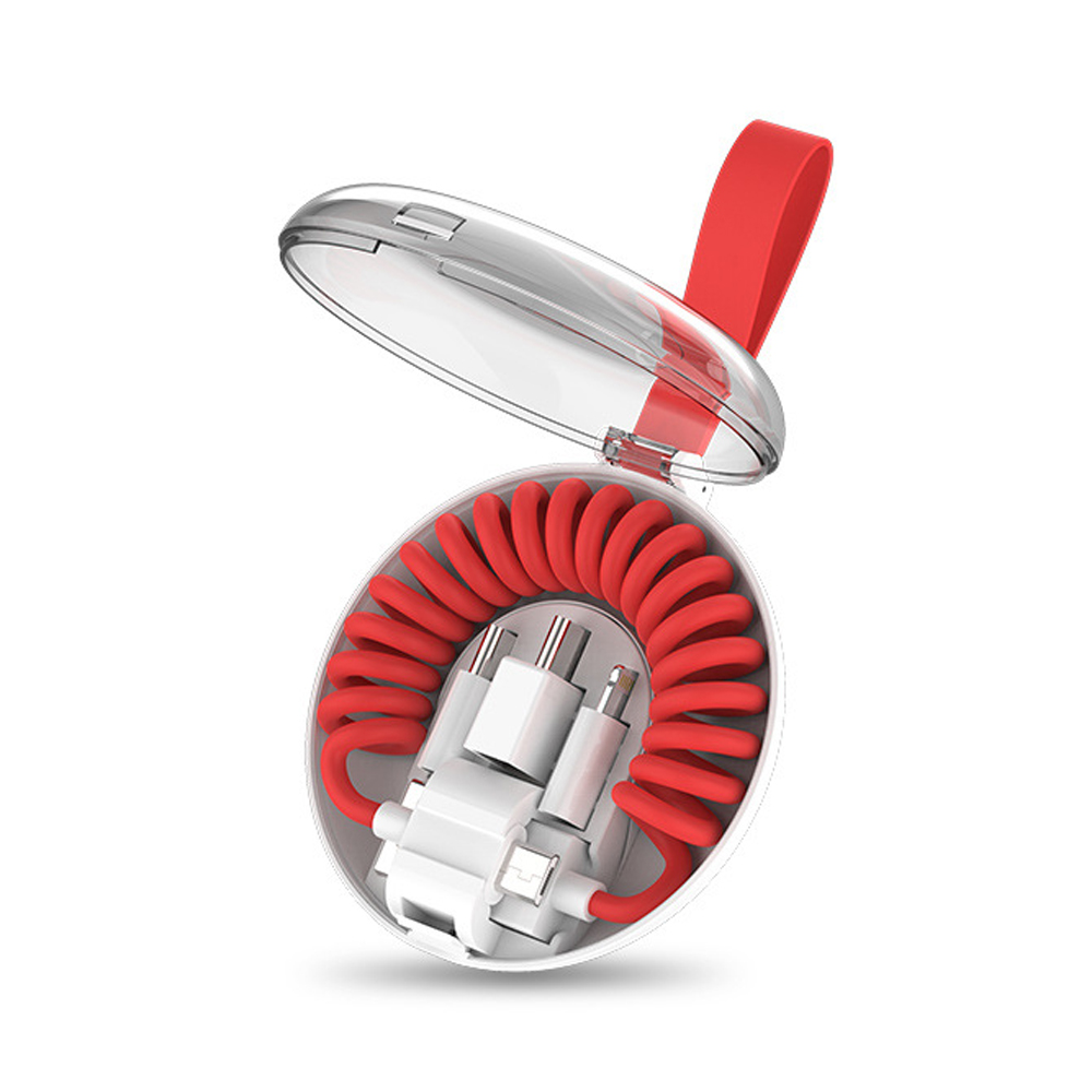 3-in-1 Spring USB Cable for iPhone/Type-C/Android Fast Charging Data Transmission with Box red