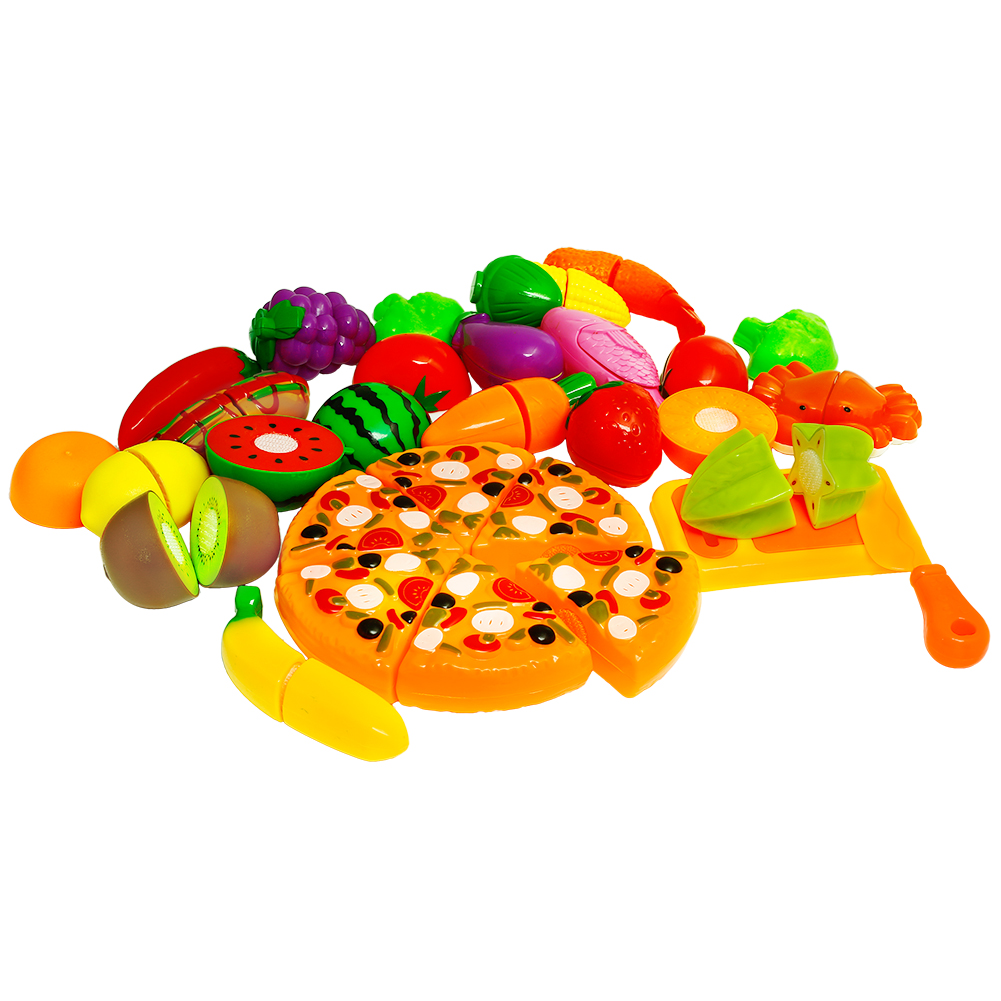 [US Direct] Sakiyr 26pcs Pretend Play Food Set for Kids Toys Playset with Cutting Play Fruits and Vegetables, Pizza Pies, Cutting Board, Knife and More