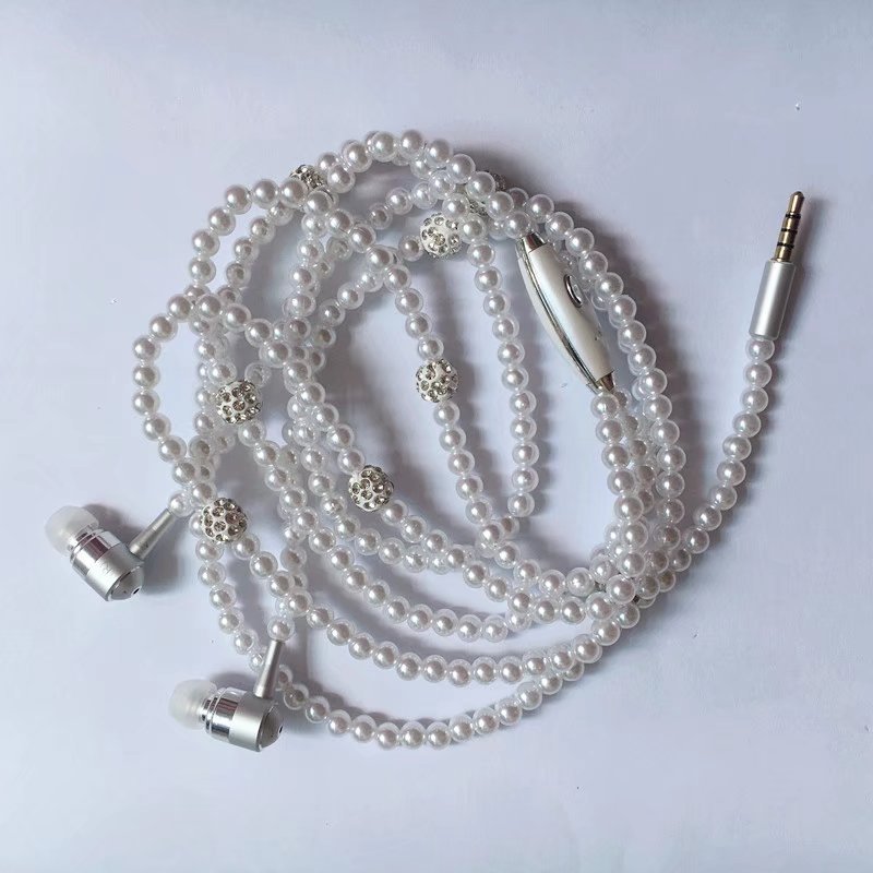 Wire-controlled In-ear Headphones With Mic Pearl Necklace Rhinestone Earphones Compatible For Samsung Xiaomi Phones White