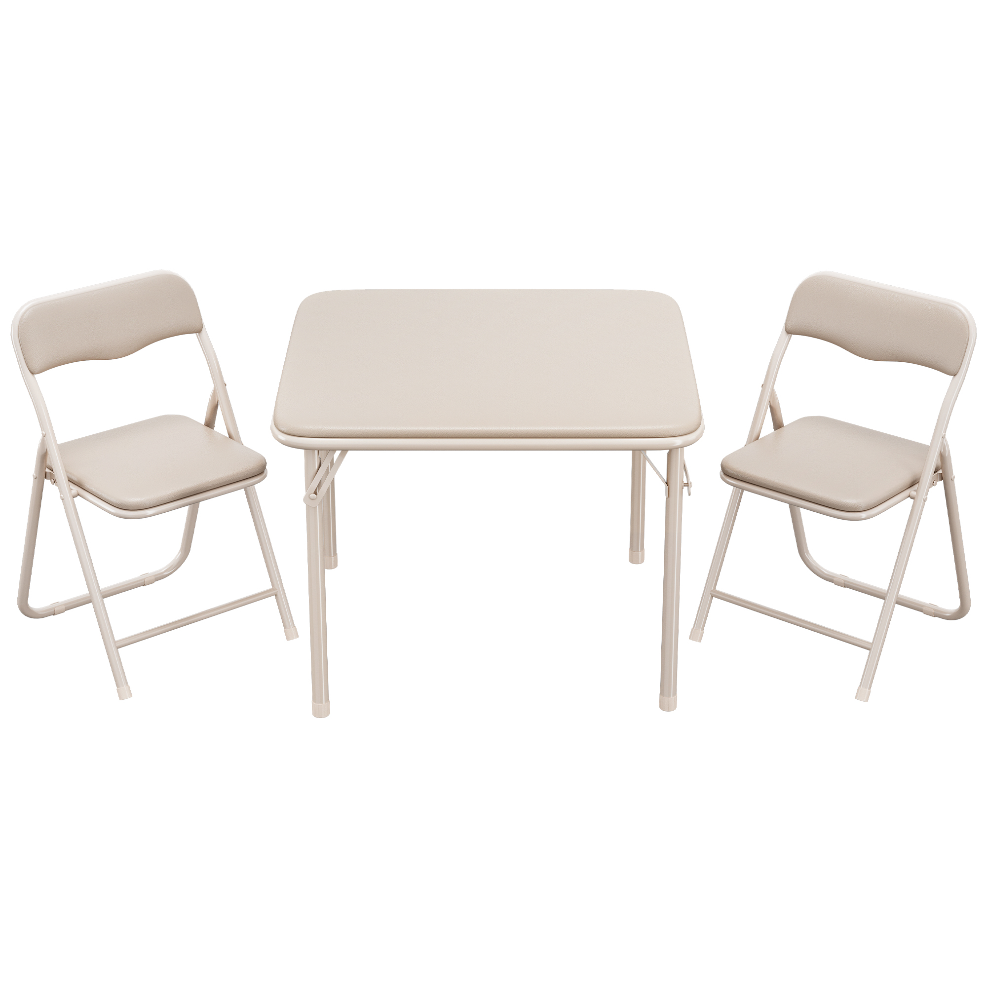 US GARVEE Boys and Girls Folding Table and Chairs Set of 3, Portable Table and Chair with PU Soft Cushion,Suitable for Eating,Reading and Playing-Beige