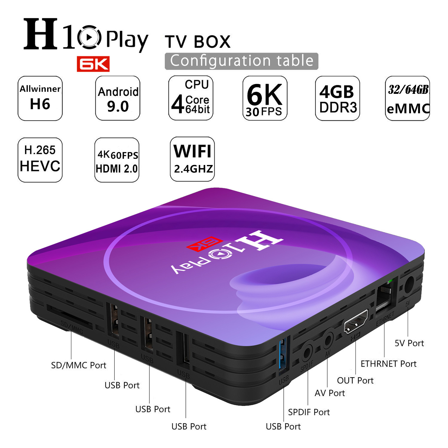 Allwinner H10 TV Box Hd Smart Network Player for Android 9.0 European plug