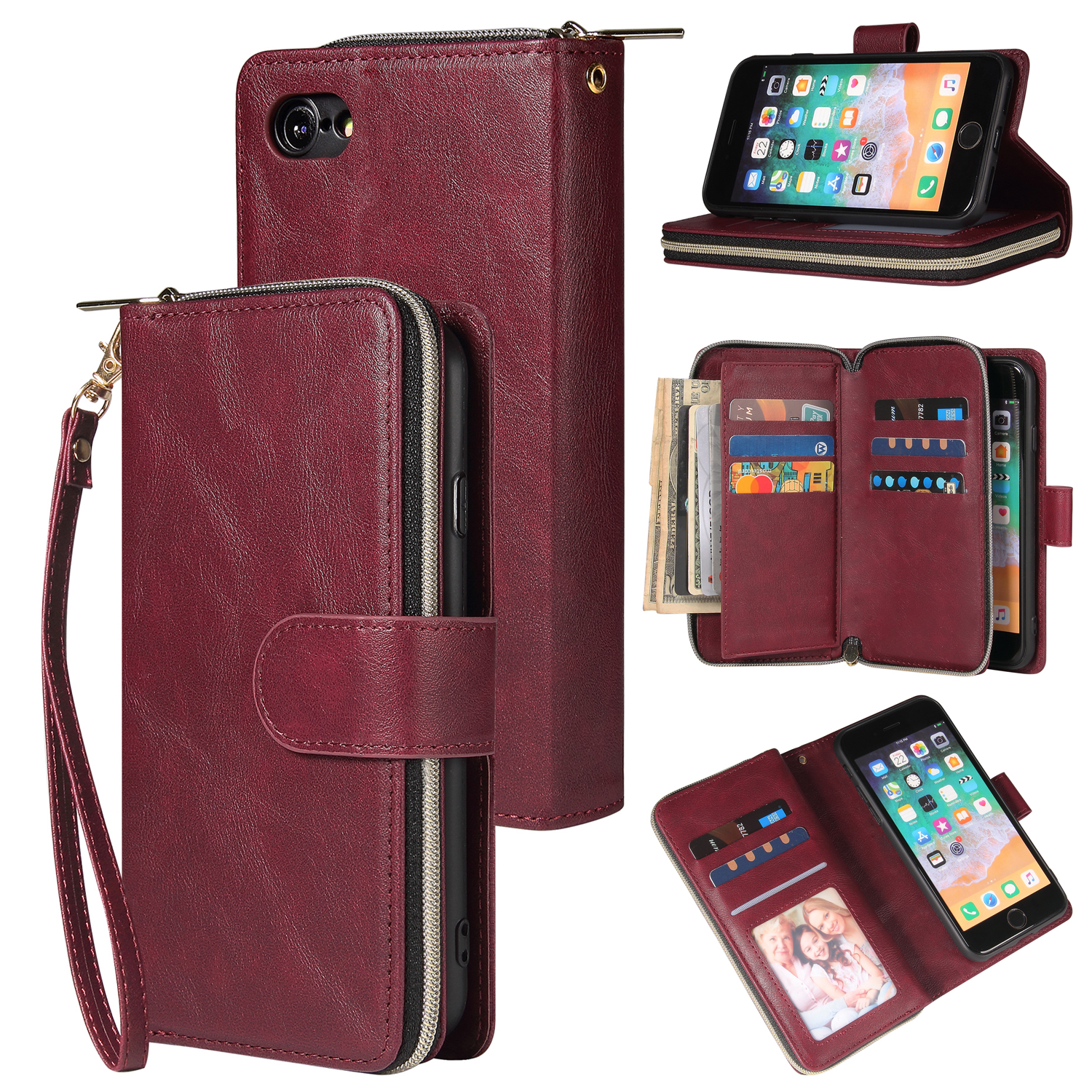 For Iphone 6/6s/6 Plus/6s Plus/7 Plus/8 Plus Pu Leather  Mobile Phone Cover Zipper Card Bag + Wrist Strap Red wine