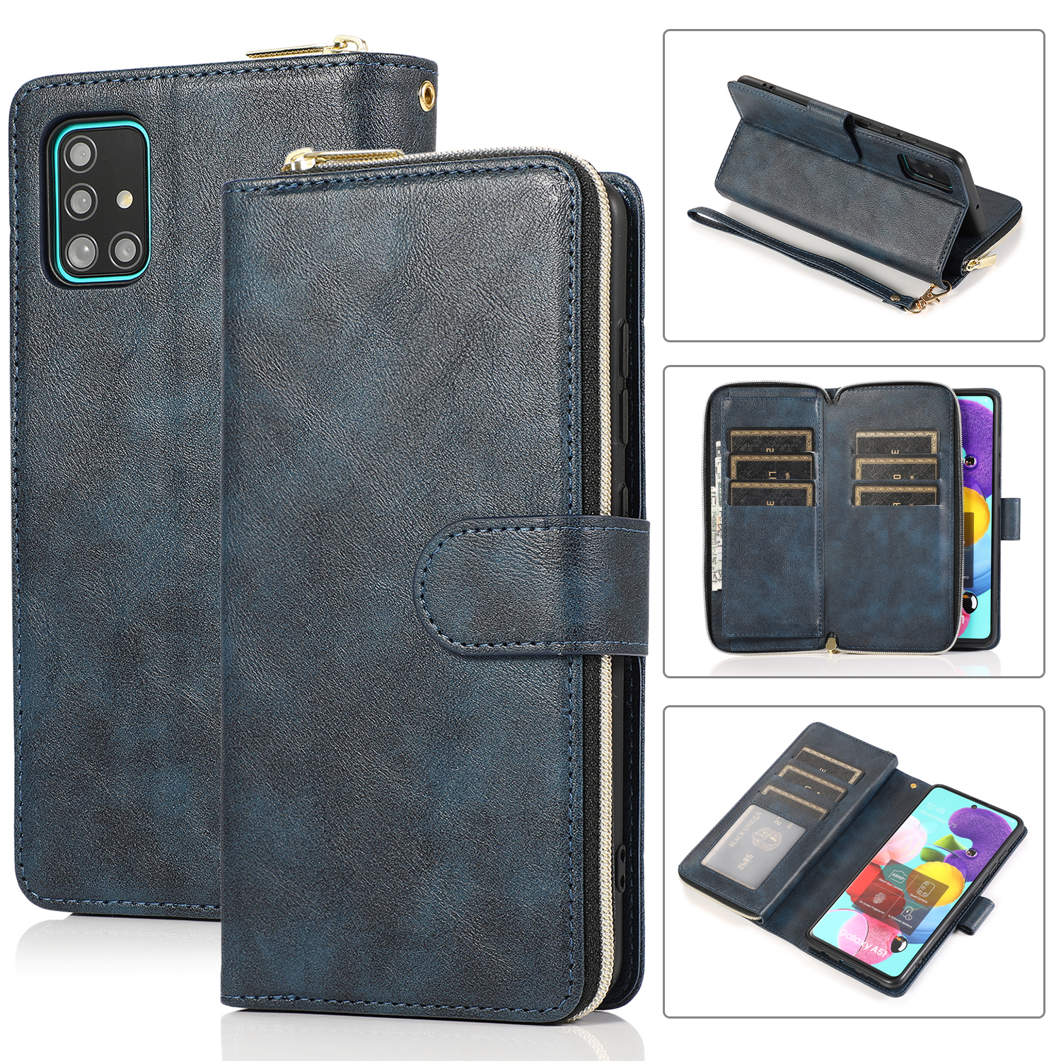 For Samsung A01/A21/A31/A41/A51 Pu Leather Mobile Phone Cover Zipper Card Bag + Wrist Strap blue